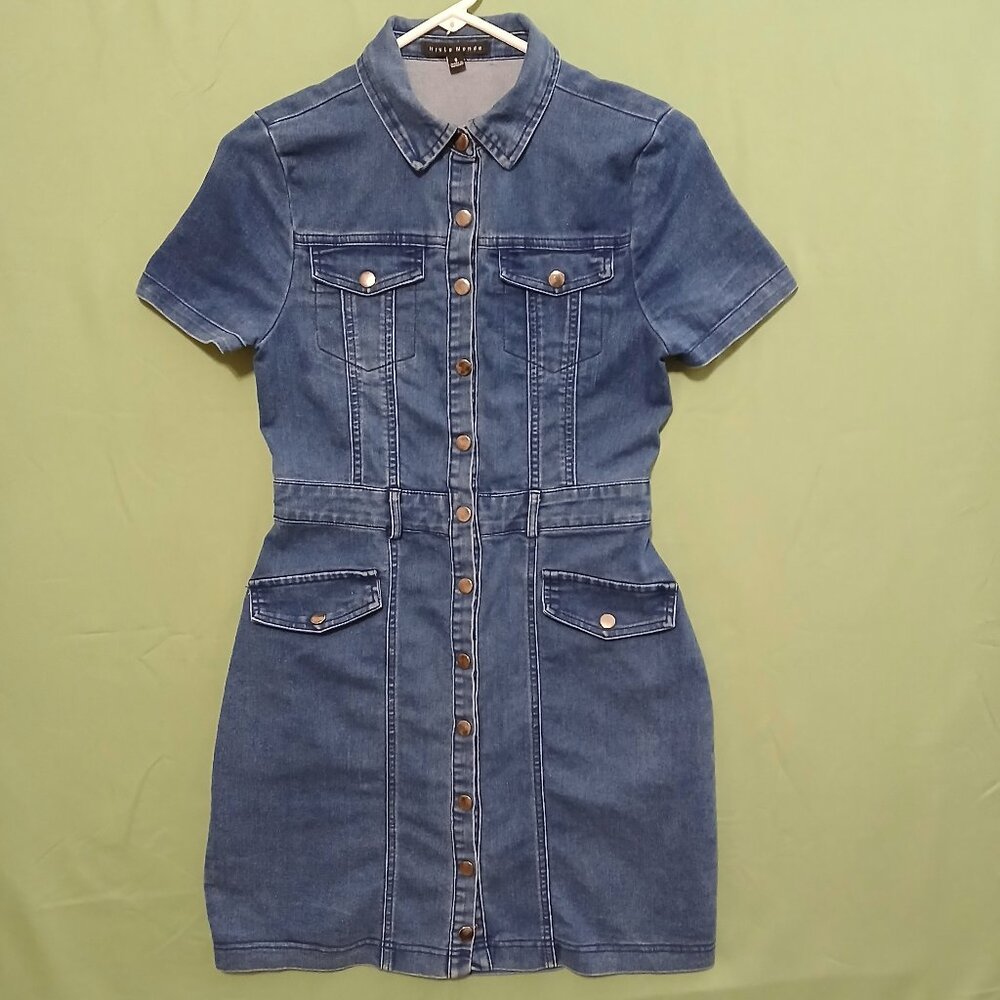 Vintage One-Piece Denim Knee Length Dress Pockets with Metal Buttons Jeans Sz S